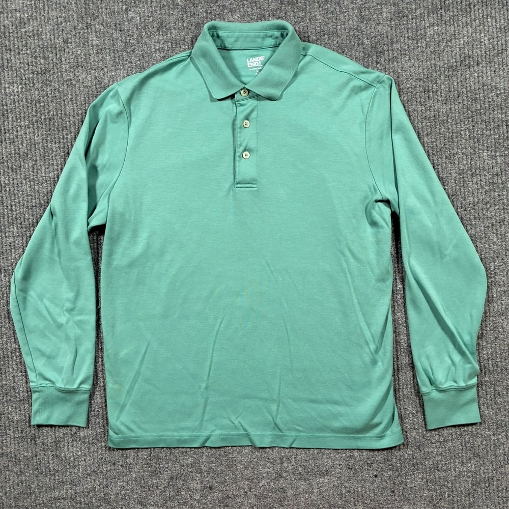 Lands' End Mens‎ Long Sleeve Polo Shirt Size M Green Traditional Fit Cotton